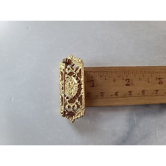 Vintage Porcelain Floral Filigree Gold Tone Brooch - Picture 10 of 10